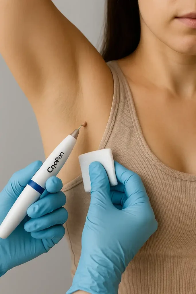 woman having cryopen to remove underarm skin tags Holme Chapel