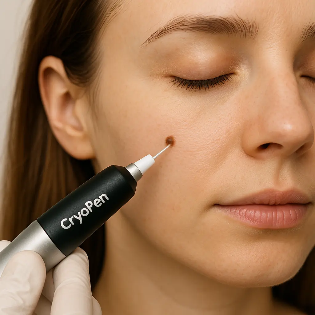 woman receiving facial mole removal Holme Chapel using cryopen 